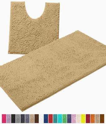 #7. LuxUrux 2Pcs Soft-Plush Anti-Slip Luxury Chenille Absorbent Microfiber Shaggy Bath Mats (Beige)