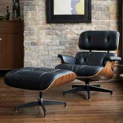 #7. Rimdoc Top Grain Leather Mid-Century Lounge Chair with Ottoman (Black Wood Palisander)