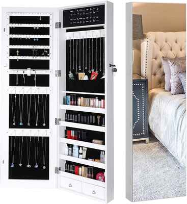 #7. Homfa Full-Screen Display Door Mounted Jewelry Organizer w/5 Shelves & 2 Drawers (White)