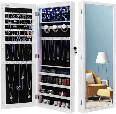 #10. Nicetree 6 LEDs Wall/Door Mounted Jewelry Armoire Organizer w/Full-Length Mirror (White)