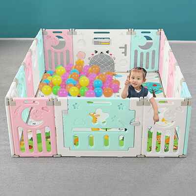 #4. WENYU 14-Panel Indoor Outdoor Baby Safety Foldable Playpen w/Activity Wall (White/Green/Pink)