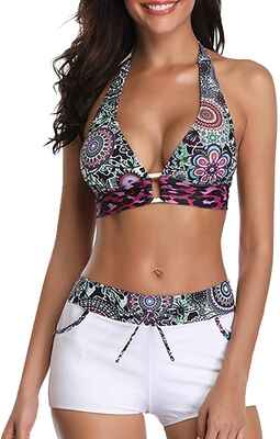 #10. Zando Athletic V Boyshort Vintage Criss-Cross Swimsuit Push Up Bikini (Floral White)