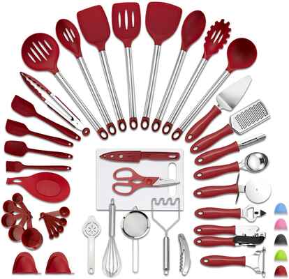 #1 VEICA 42Pcs Non-Stick Spoon Soup Nylon Heat Resistant Kitchen Utensils Set (Rednew)