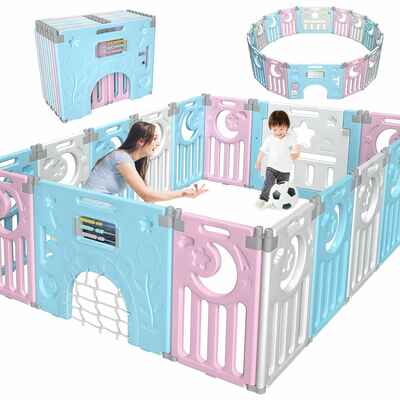 #6. Gimars 16-Panel Play Yard Upgrade Double Anti-Slip Foldable Baby Playpen Fence (Blue & White)