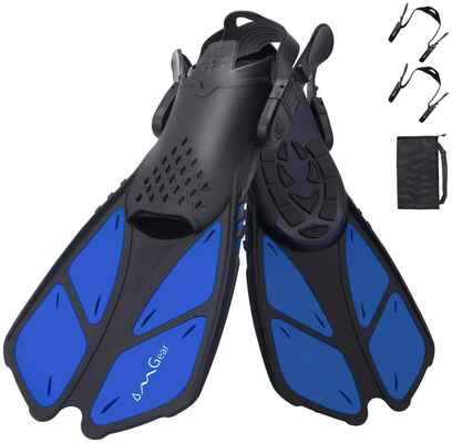 #3. OMGear Travel Size Open Heel Adjustable Swim Fins Snorkel for Lap Swimming