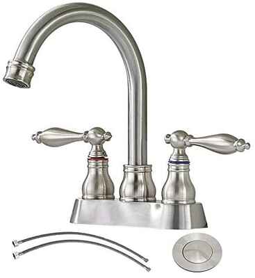 #8. SHACO 4'' 2 Handle 360 Degree Swivel Spout Brushed Nickel Lead-Free Bathroom Sink Faucet