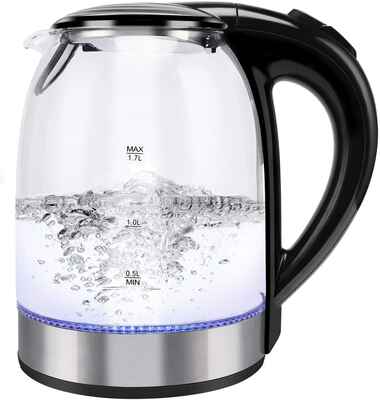 #8. LMOMSS Auto Shut-Off Portable BPA-Free Borosilicate Glass Electric Kettle w/LED Light